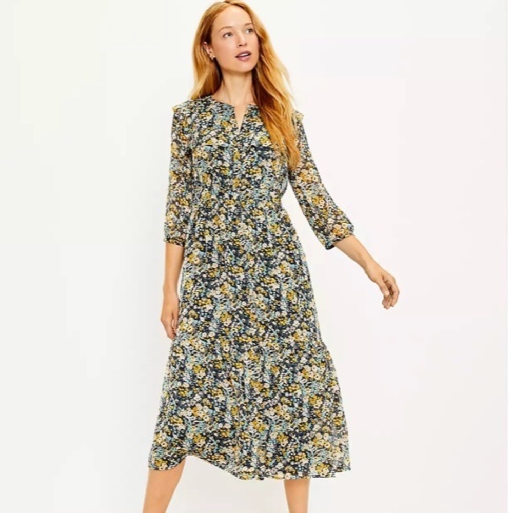 Loft Petite Floral Ruffle Midi Shirtdress
